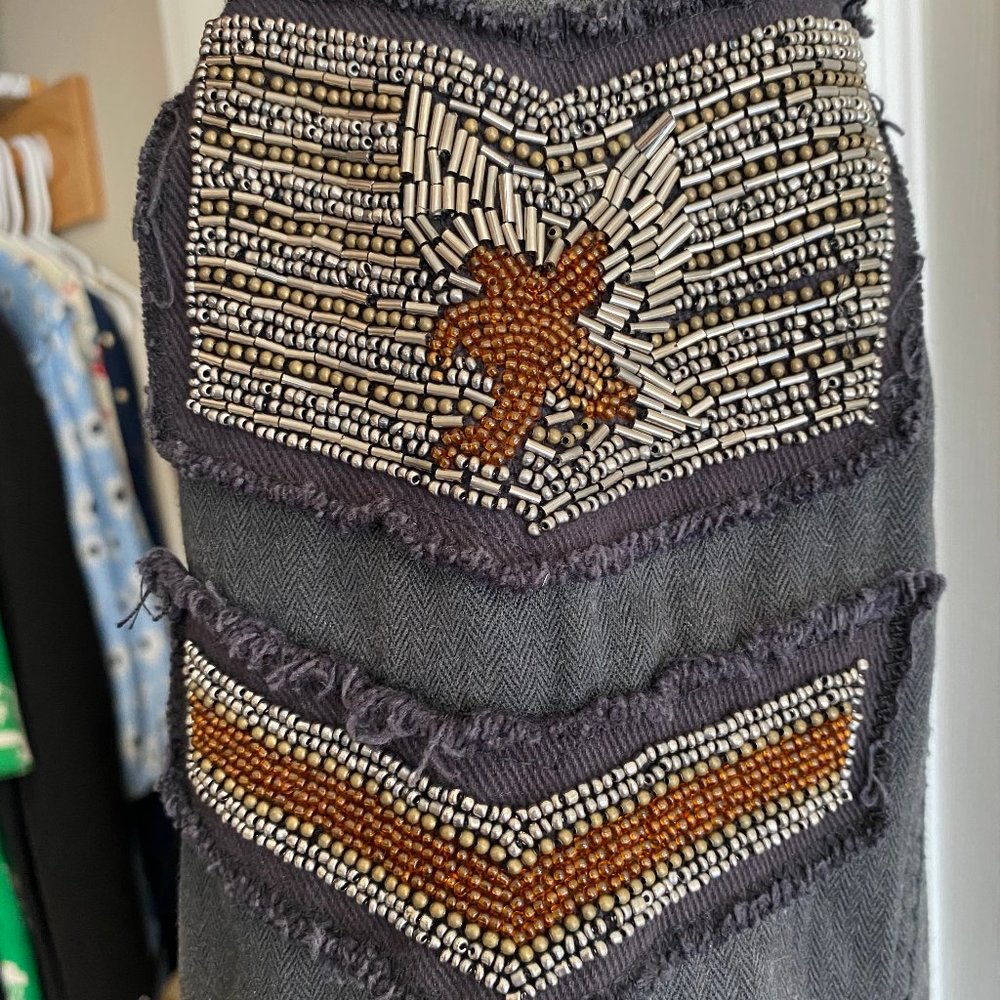 Free People Dark Denim Distressed Shirt w/ Beading